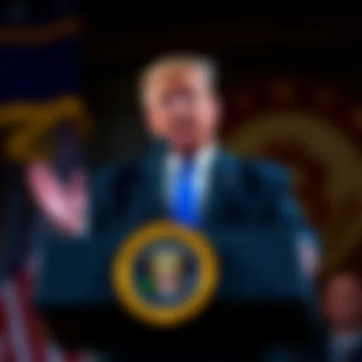 President Trump at a podium discussing tax exemptions for small bitcoin transactions, emphasizing support for crypto traders.