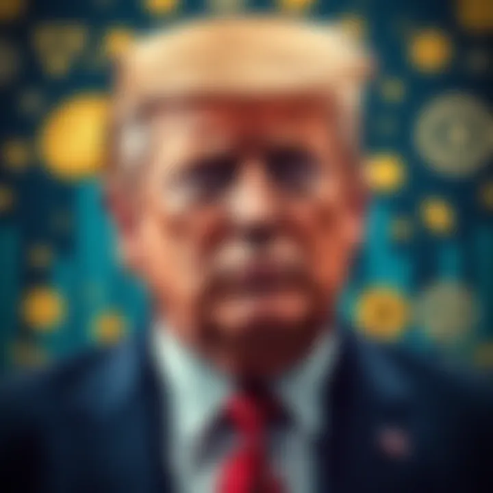 Former President Donald Trump with cryptocurrency symbols in the background, showing a shift in relationship with the market.