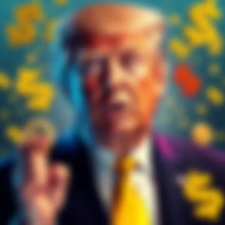 Donald Trump surrounded by cryptocurrency symbols and dollar signs, illustrating his financial success in crypto investments.