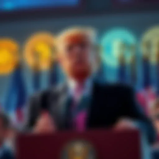 Trump stands confidently, addressing a crowd while defending cryptocurrency from regulation, with a backdrop of American flags and crypto symbols.