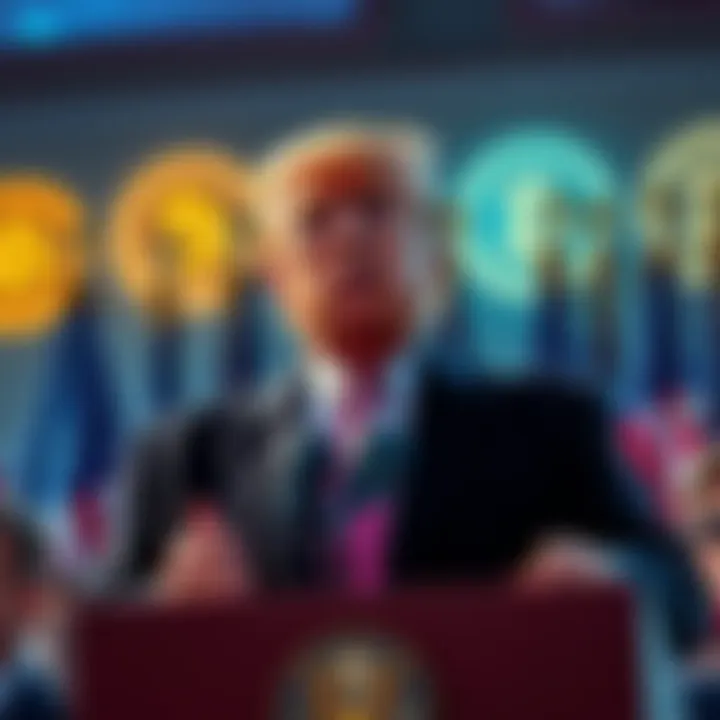 Trump stands confidently, addressing a crowd while defending cryptocurrency from regulation, with a backdrop of American flags and crypto symbols.
