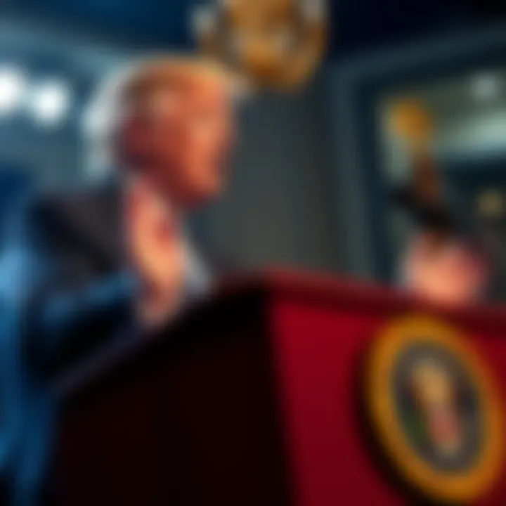 Former President Donald Trump speaking at a podium about his economic policies in a formal setting