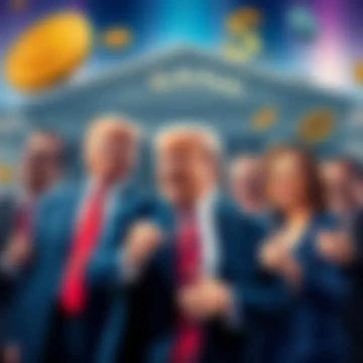 The Trump family celebrating the approval of their crypto venture, with bank-related imagery in the background.