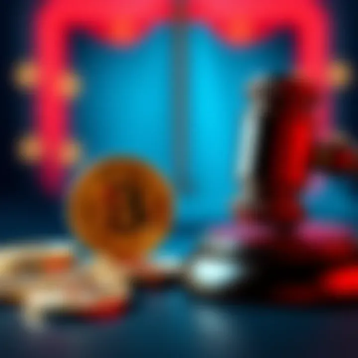 A gavel and cryptocurrency symbols representing the lawsuit against the Trump family's crypto firm by Justin Sun