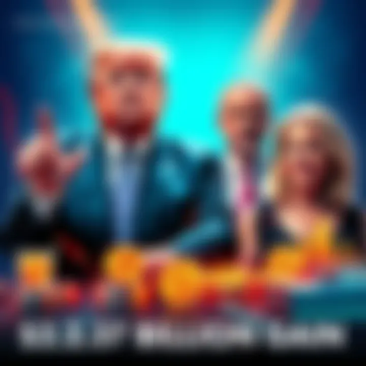 Donald Trump and family with financial charts and cryptocurrency symbols representing $2.37 billion gain