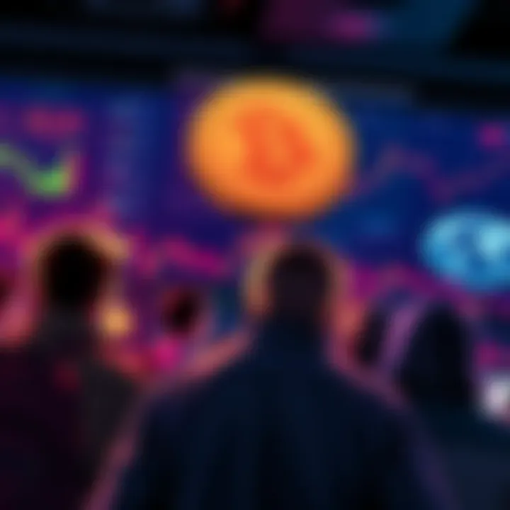 A group of people looking at fluctuating cryptocurrency charts, showing concern as prices drop for Trump's meme coin after a surge in new investors.