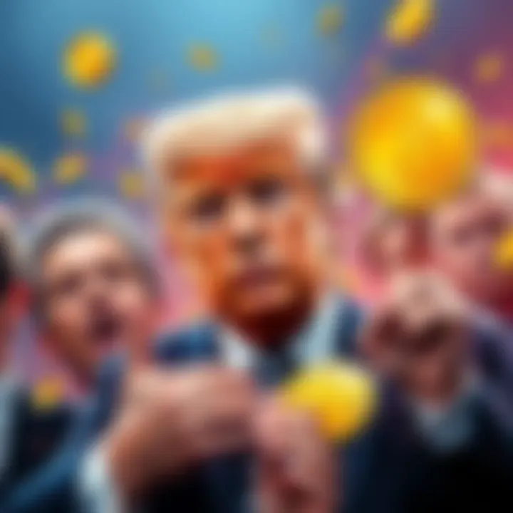 Graphic showing Trump with Memecoins symbolizing financial losses and profits, depicting a sharp decline for investors and a rise for him.