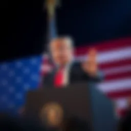 President Trump speaking at a podium, gesturing as he addresses the audience, with an American flag in the background.