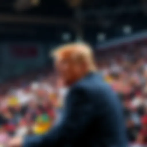 Donald Trump speaking to a large crowd at a political rally, expressing his views.