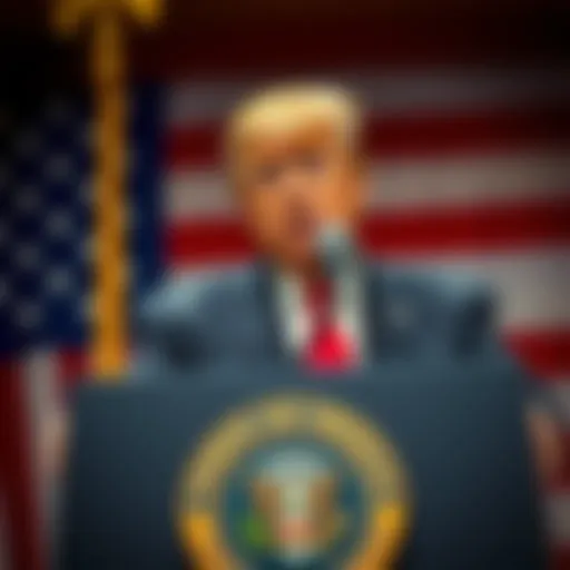 Former President Trump speaking at a podium with an American flag in the background, addressing claims about his presence during the 9/11 tragedy.