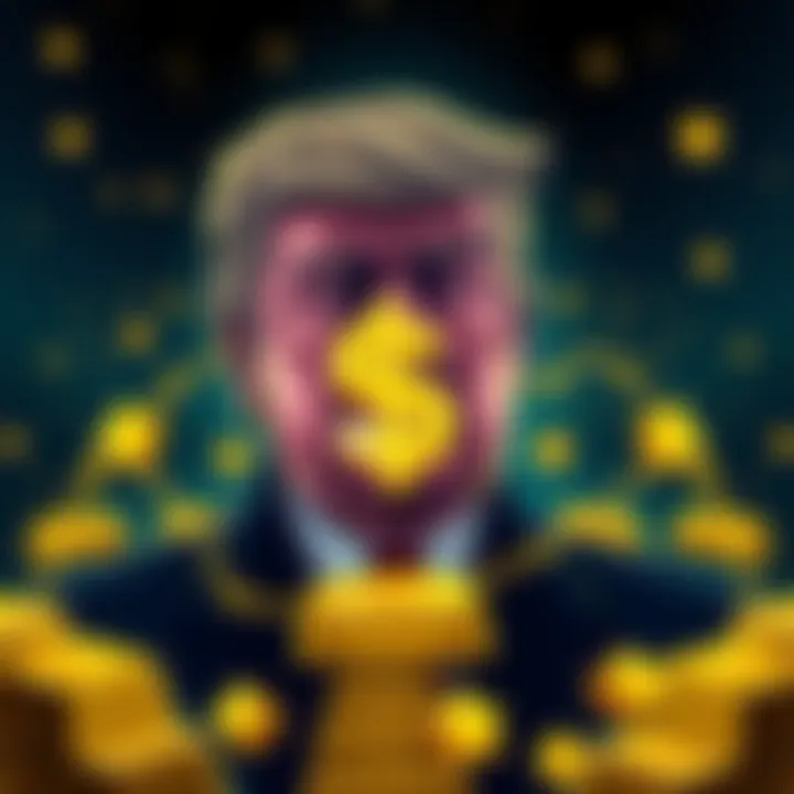 Illustration showing Trump with a dollar symbol connected to gold bars representing a stablecoin backed by gold.