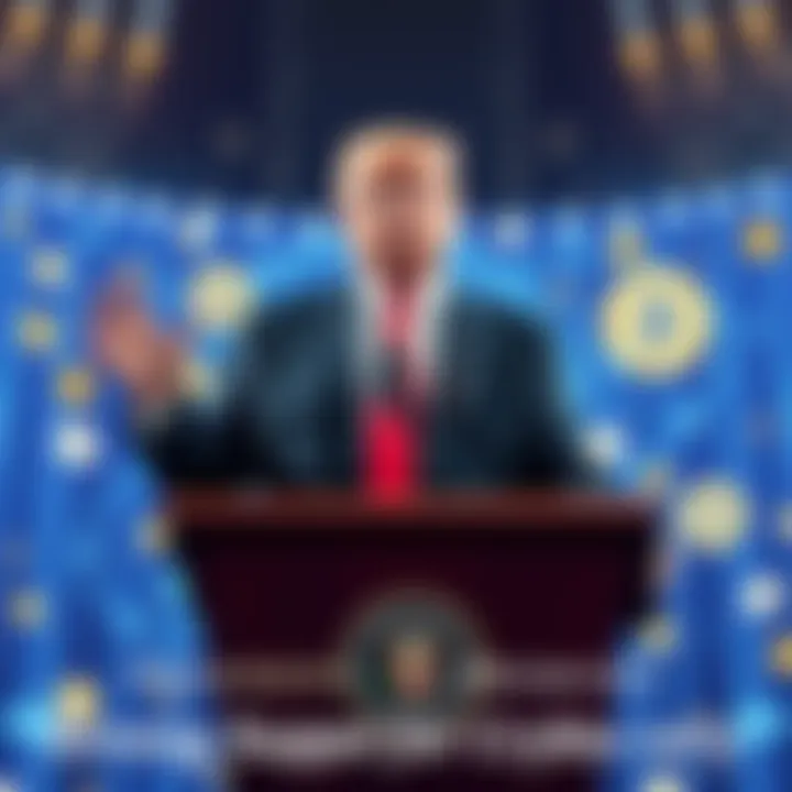 President Trump stands confidently at a podium, showing support for the cryptocurrency industry with a backdrop of digital currency symbols.