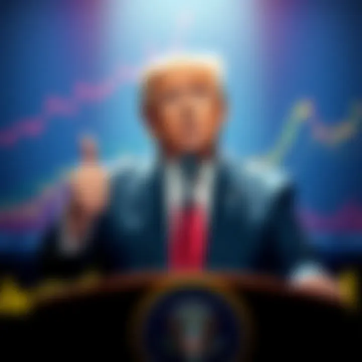 President Trump speaking at a podium with a thumbs up, surrounded by charts showing rising crypto stocks, including Coinbase.