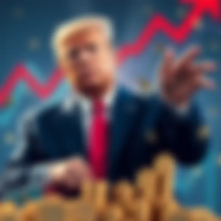 A graphic showing Trump with a symbolic rollback of tariffs and rising cryptocurrency values.
