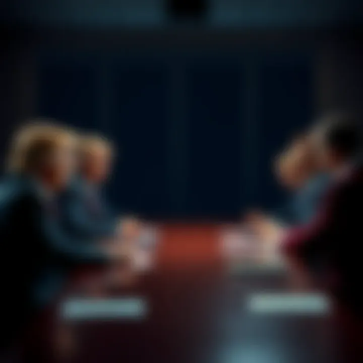 A group of advisors is sitting around a table, looking concerned and discussing serious matters related to Trump's administration.