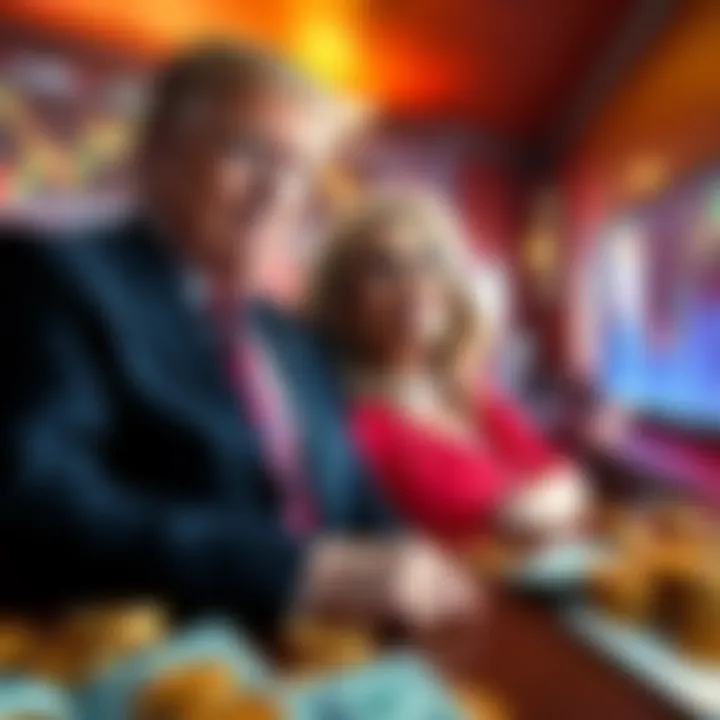 The Trumps celebrating financial success from cryptocurrency with charts and money in the background.