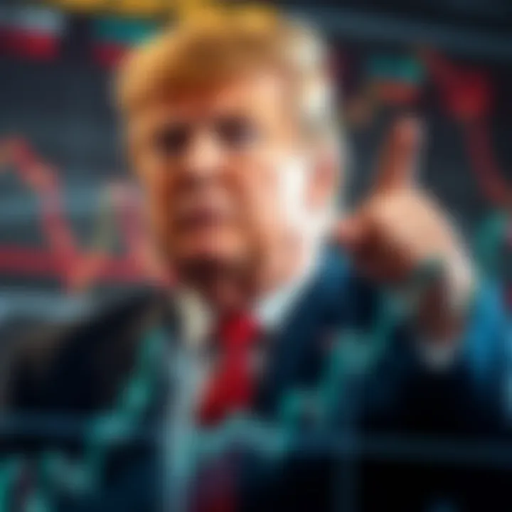 A graph showing cryptocurrency market fluctuations with an image of Trump in the background expressing concern, symbolizing political influence on the market.