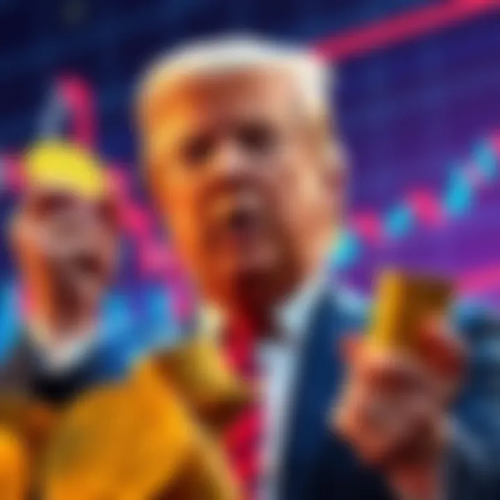 Donald Trump celebrating his cryptocurrency profits with coins and a stock market graph in the background