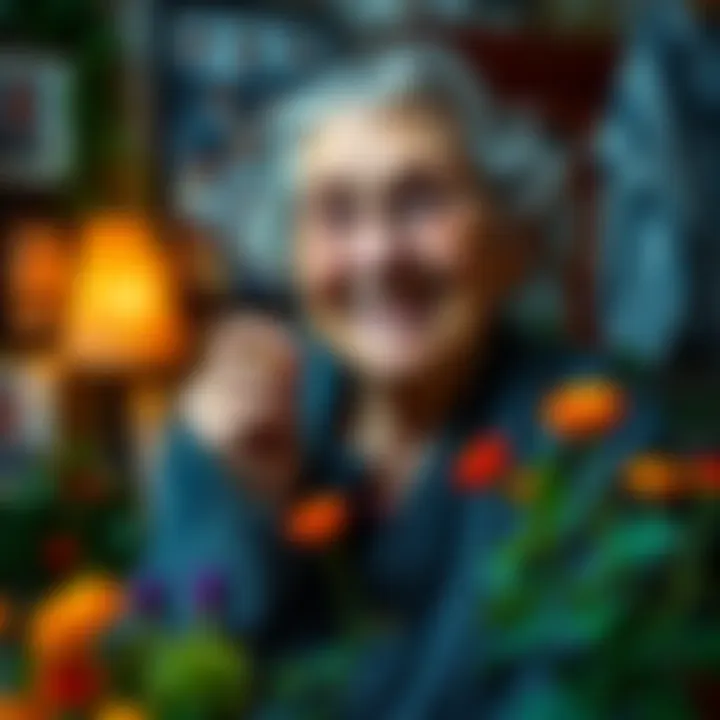 A 110-year-old Turkish grandma smiling while holding a Bitcoin coin, surrounded by family photos and plants, representing health and longevity.