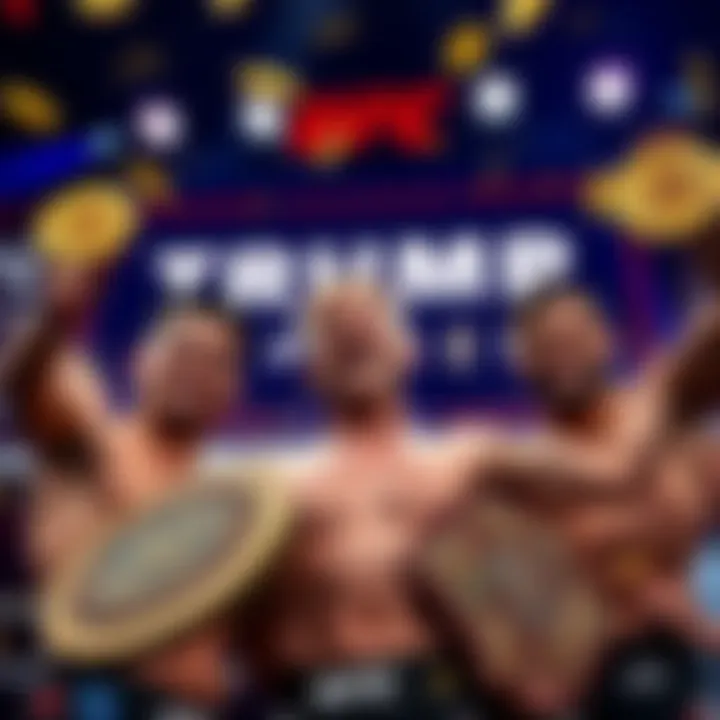 UFC fighters celebrating with digital currency symbols and Trump branding in the background