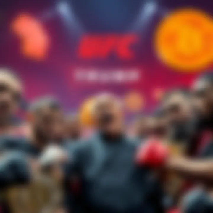 UFC Fighters Receiving Crypto Payments UFC fighters gather with cryptocurrency symbols and a Trump logo in the background, highlighting the new payment method.