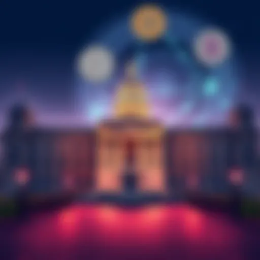 Illustration of a government building with a graphic of cryptocurrencies in the background, symbolizing the crackdown on tax evasion.