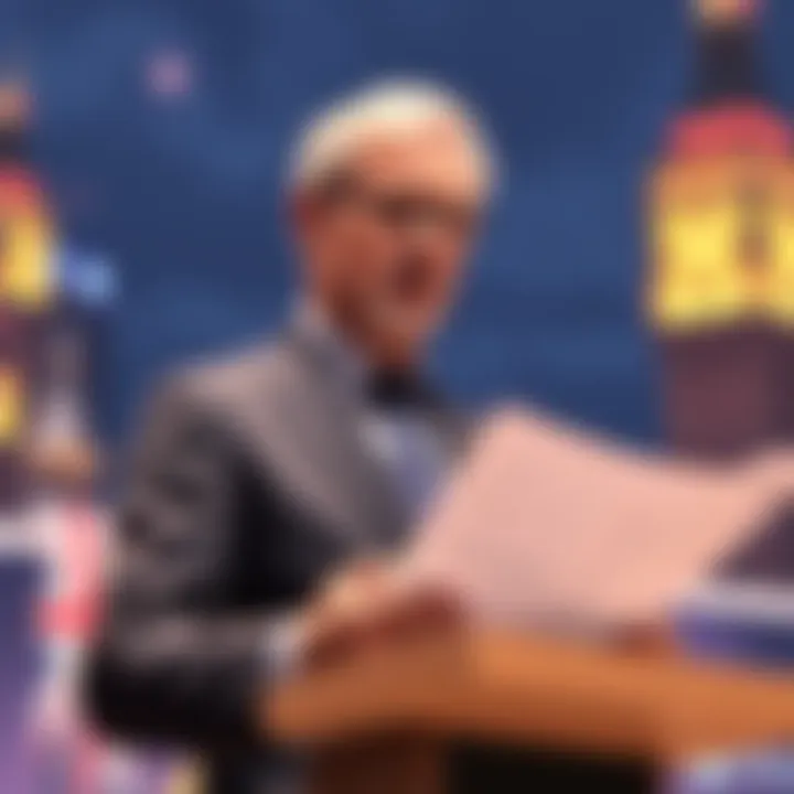 A government official presenting new guidelines for cryptocurrency firms in the UK, highlighting customer transaction reporting requirements.