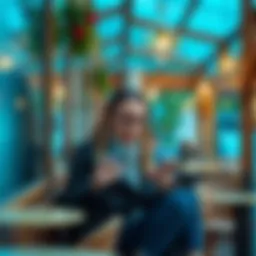 A Ukrainian woman looks at her phone, pondering how to transfer her inheritance funds from Ukraine while sitting in a cozy café in Austria.