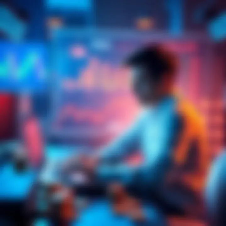 A person studying cryptocurrency on a laptop with charts and coins around them