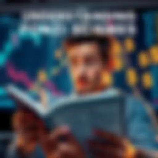 A person looking confused while reading about Ponzi schemes in a finance book, showing financial charts and dollar signs in the background.