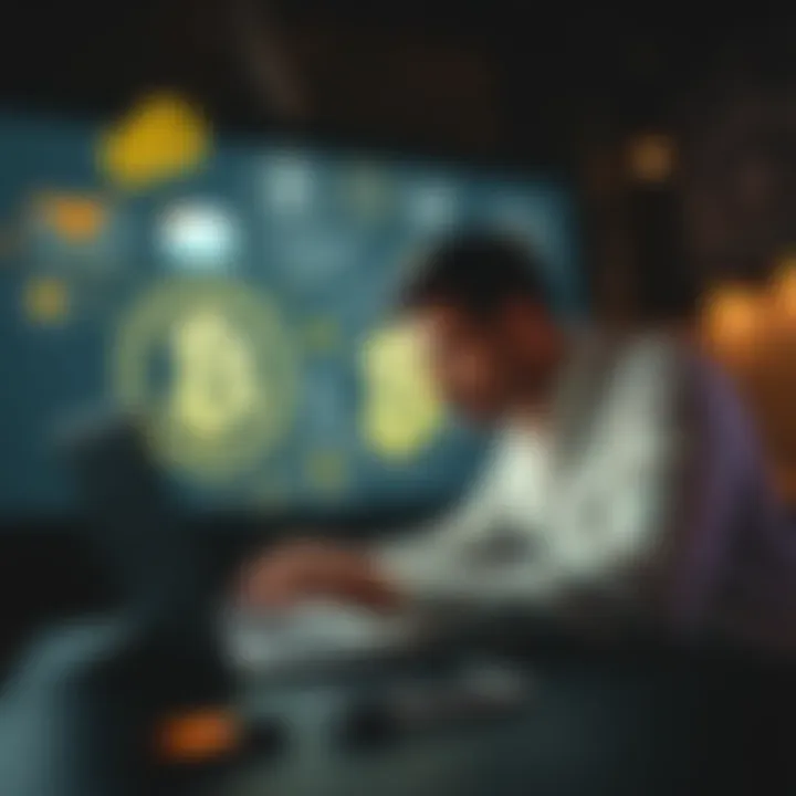 Understanding Bitcoin Concepts A person analyzing Bitcoin concepts on a laptop, surrounded by graphics showing decentralization and monetary policy.