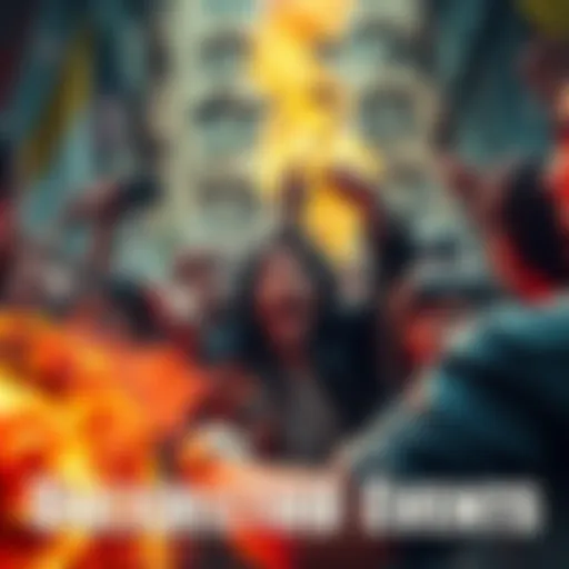 A chaotic scene showing people reacting to surprising events, with expressions of shock and confusion.