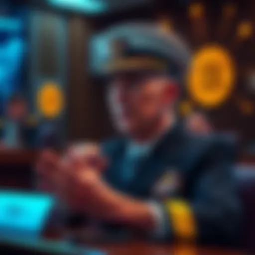 A U.S. Navy Admiral discussing military use of Bitcoin technology during a congressional hearing, with digital Bitcoin symbols in the background.