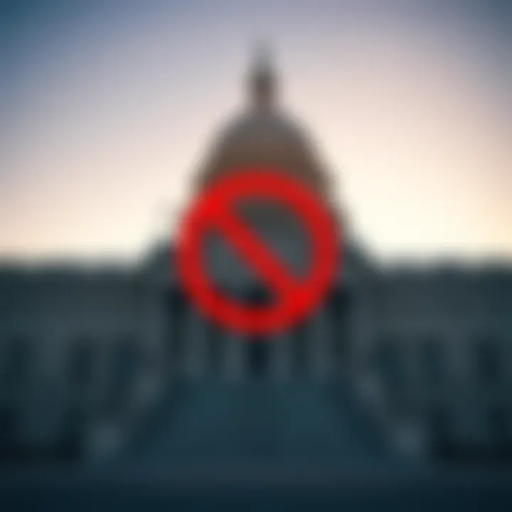 The US Senate building with a ban sign displayed, symbolizing the prohibition on senators participating in prediction markets.