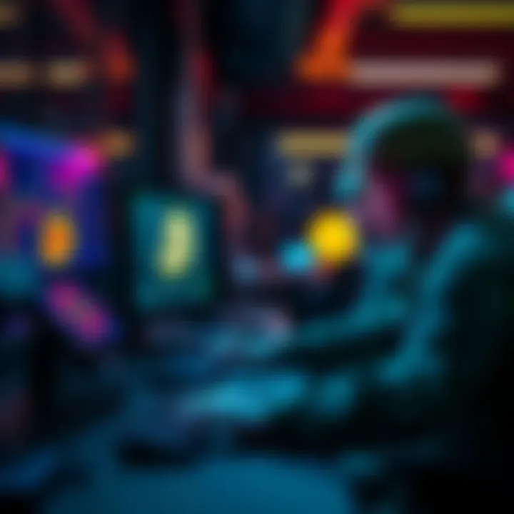 U.S. military personnel working on a computer displaying Bitcoin symbols and blockchain technology.