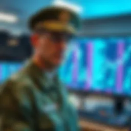 A U.S. military officer stands in front of a computer displaying Bitcoin data, highlighting military engagement with cryptocurrency.