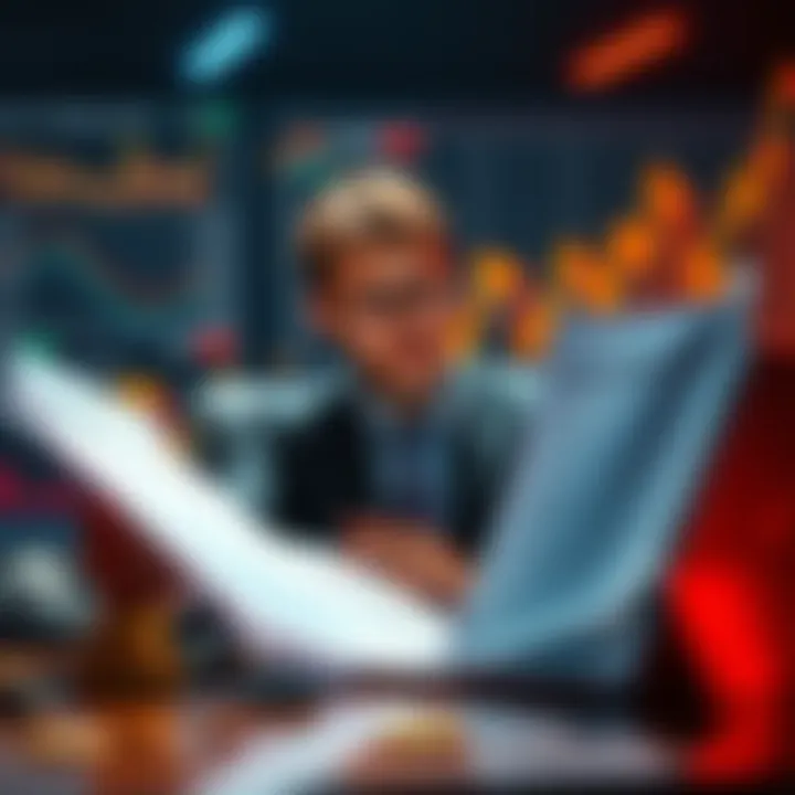 A person reading a document about cryptocurrency regulations with a laptop and charts in the background