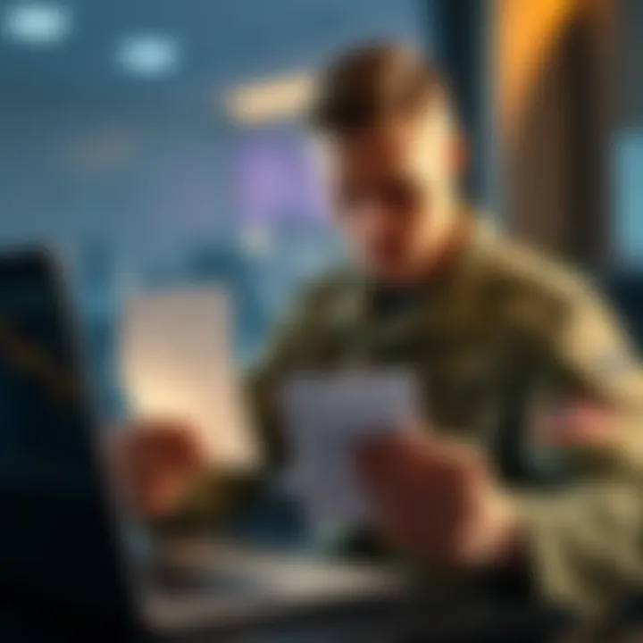An active duty U.S. soldier holding a betting slip and looking worried, alongside a laptop showing stock market data and a weather forecast.