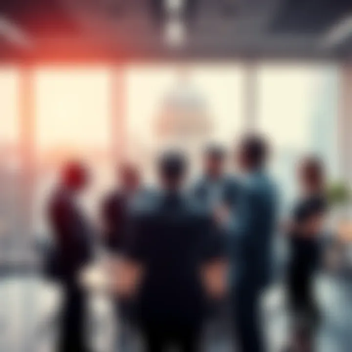 A group of financial executives discussing stablecoin yield ban in a modern office setting.