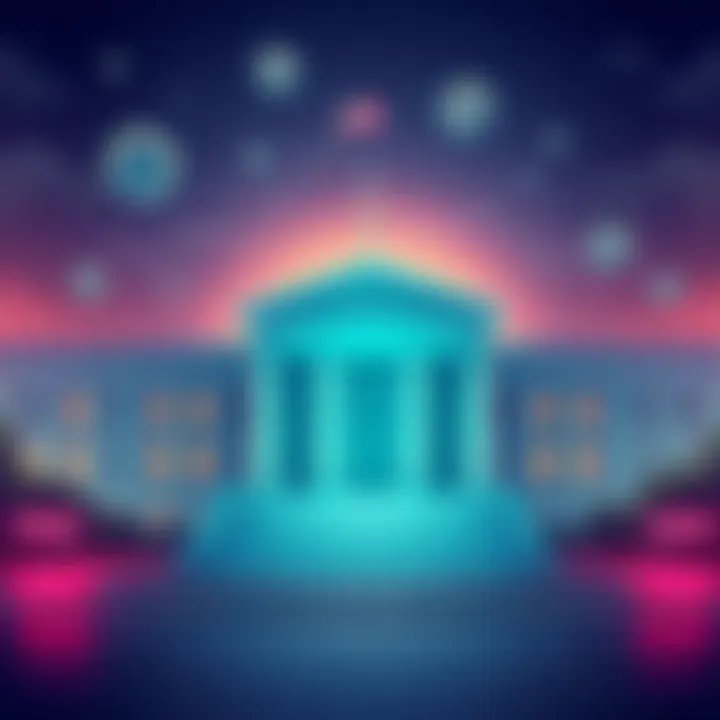 Illustration of US Treasury building with digital currency symbols and a representation of stablecoins