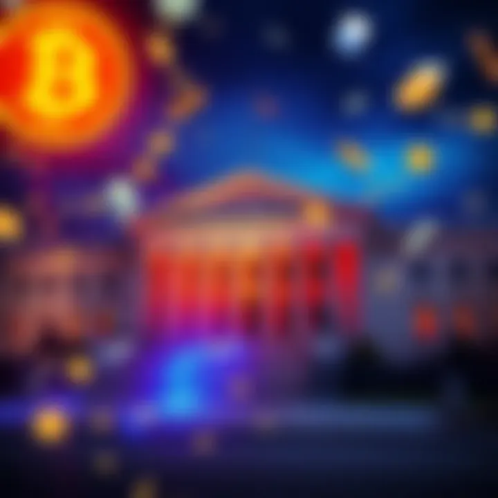 A graphic representation of the US Treasury building with money flowing towards digital currencies like Bitcoin, symbolizing financial support for risk assets.