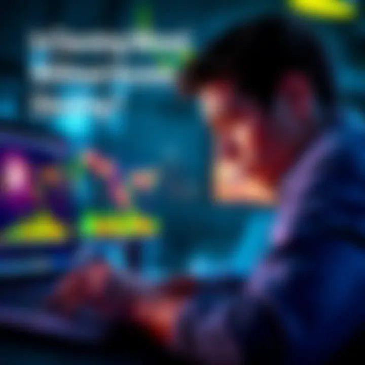 A worried individual looking at a laptop screen displaying cryptocurrency charts and a locked account symbol