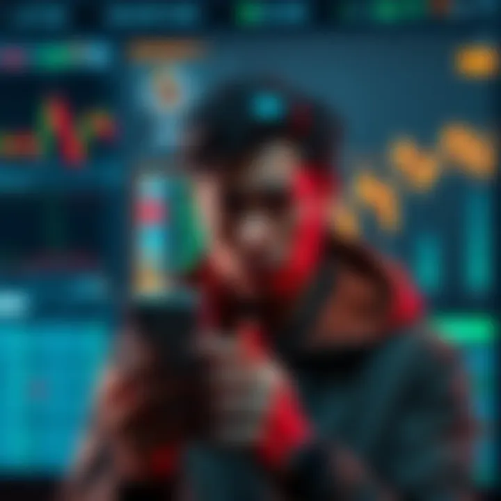 A person looking worried while holding a smartphone, symbolizing concerns about privacy and account deletion, with a blurred screen showcasing graphs and wallets in the background.