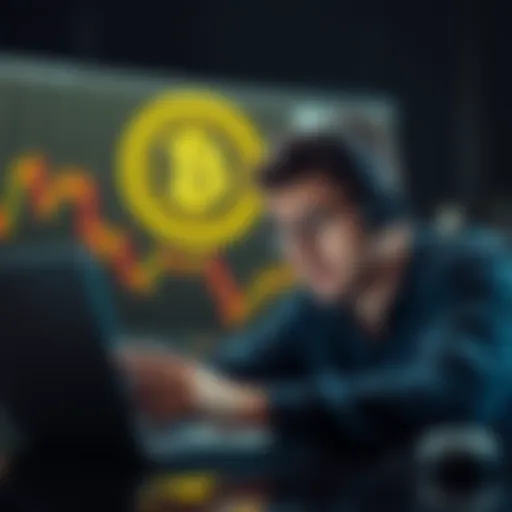 A person looking worried while checking a cryptocurrency trading platform on their laptop, showing frustration over a recent loss, with a digital coin graphic in the background.