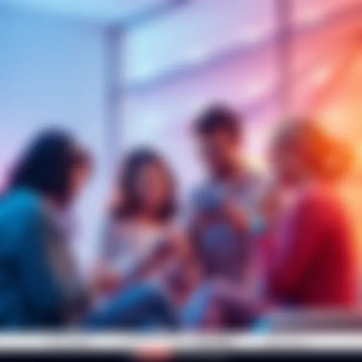 A diverse group of people chatting and sharing ideas on their devices, representing free interaction on NOSTR.