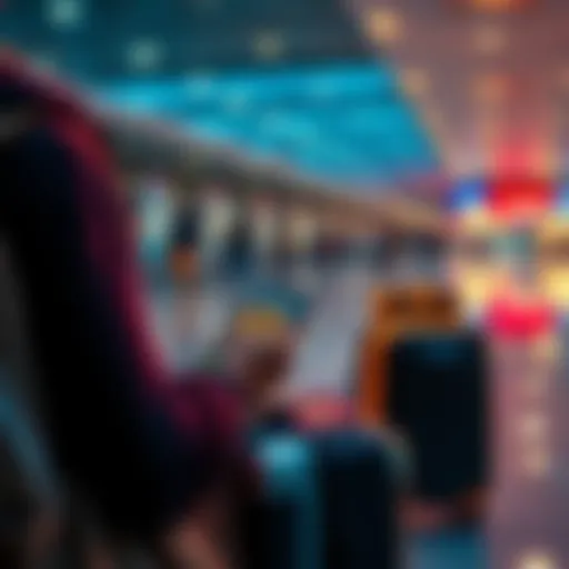 A traveler using Bitcoin on a mobile app at an airport, with luggage and a passport nearby