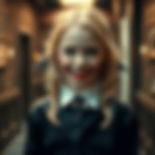 A young blonde girl with vampire fangs and a dark outfit standing in a spooky setting