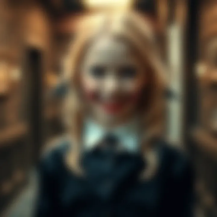 A young blonde girl with vampire fangs and a dark outfit standing in a spooky setting