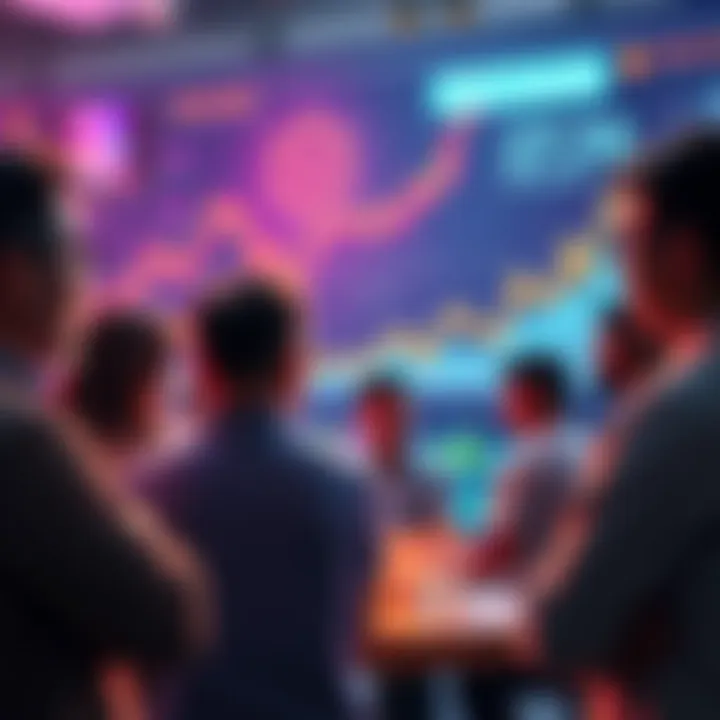 A group of people engaging in conversation about Vechain updates and insights, with digital charts and blockchain visuals in the background.