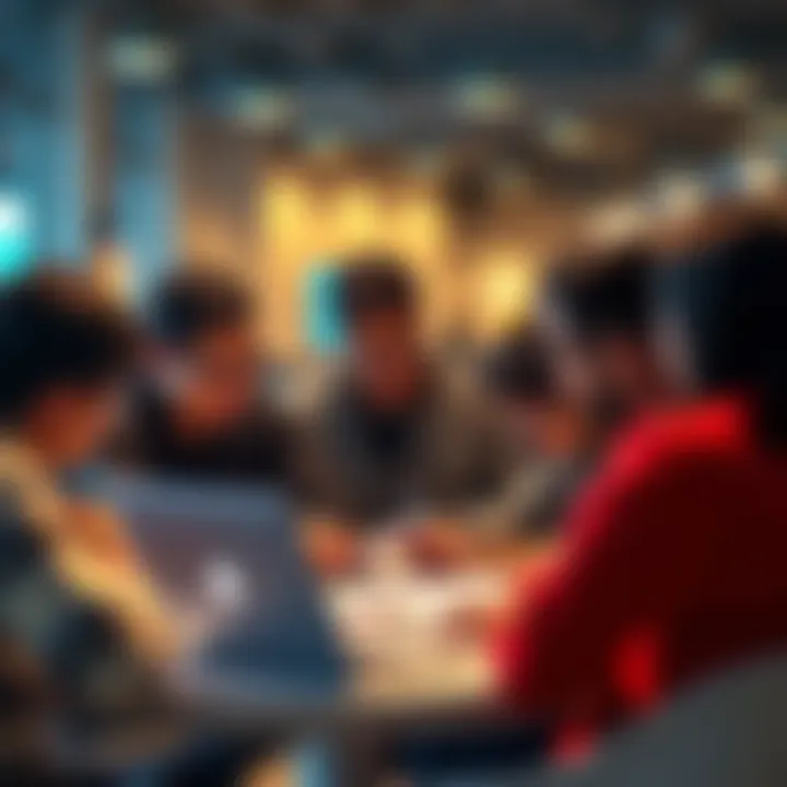 A group of people engaged in a discussion about Vechain updates, with laptops and notepads in a bright setting.